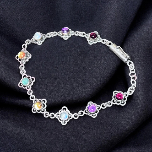 Vintage Multi Precious Gemstone Sterling Silver Chain Tennis Bracelet - Picture 5 of 8